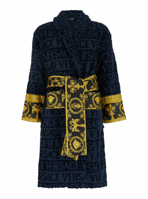 Photo: Versace baroque Blue Bathrobe With All-over Logo Print In Cotton Home