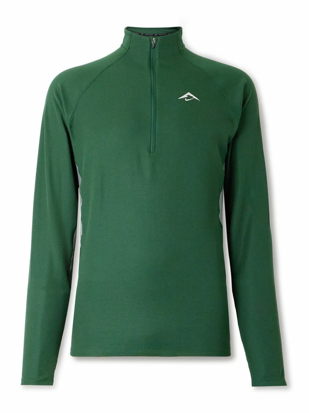 Photo: NIKE RUNNING - Slim-Fit Logo-Embroidered Waffle-Knit Dri-FIT Half-Zip Top - Green