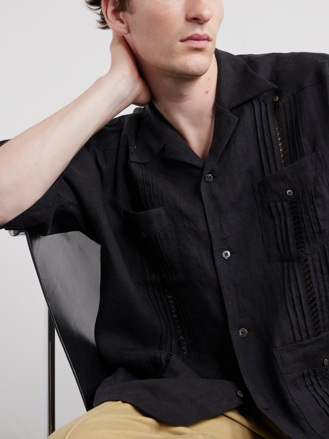 KAPITAL - Camp-Collar Pleated Linen Shirt - Black