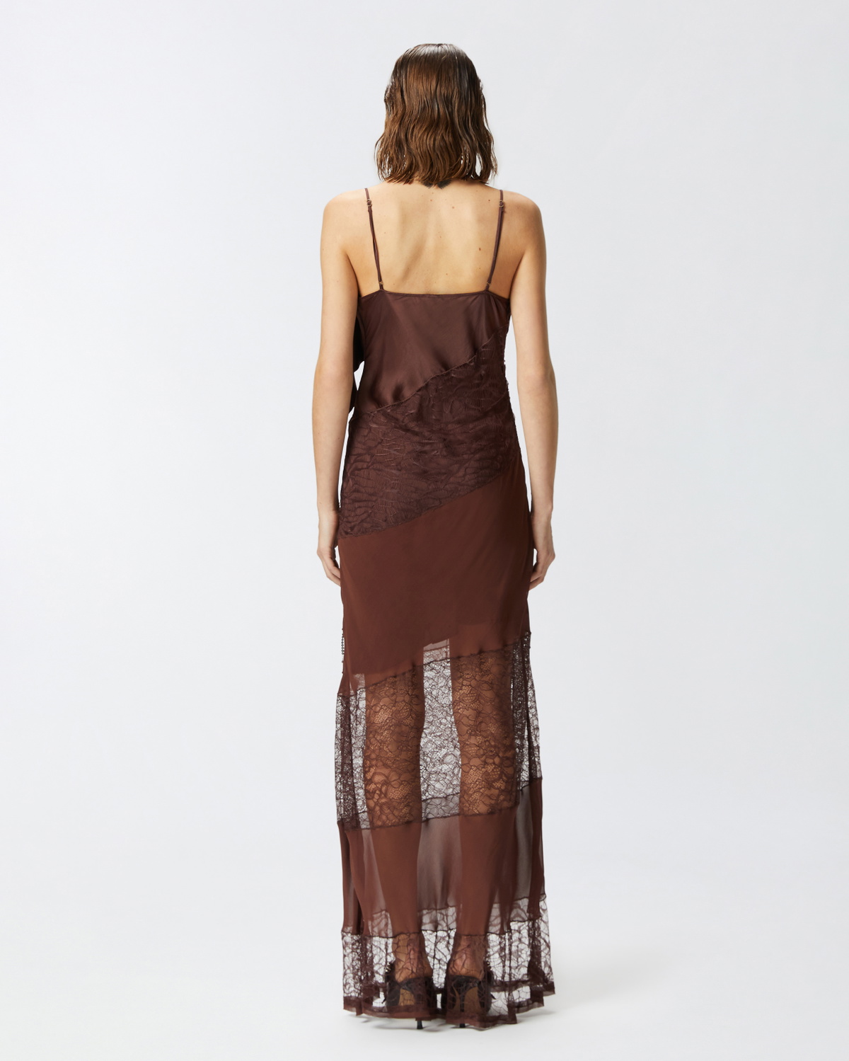 Pinko Satin Lace And Rhinestone Fringe Slip Dress Soil Brown