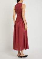 Faithfull The Brand Margot Shirred Cotton Midi Dress Dark Pink