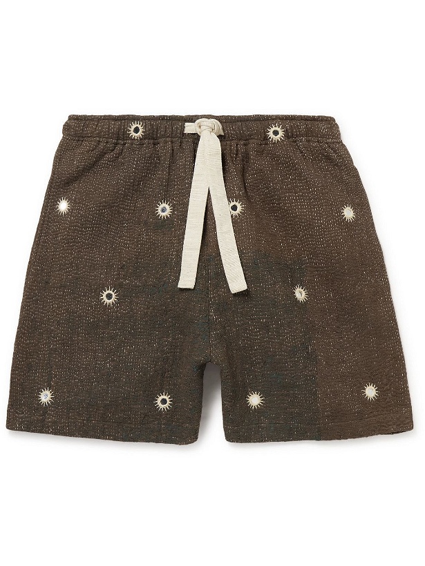 Photo: Karu Research - Wide-Leg Upcycled Embroidered Cotton Drawstring Shorts - Brown