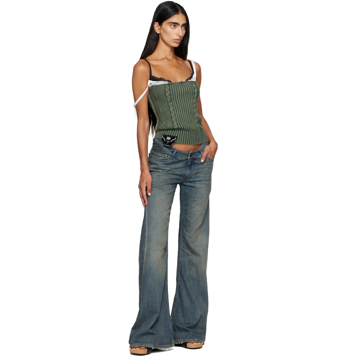 Balenciaga Green Patched Cotton Hybrid Cable Knit Tank Top
