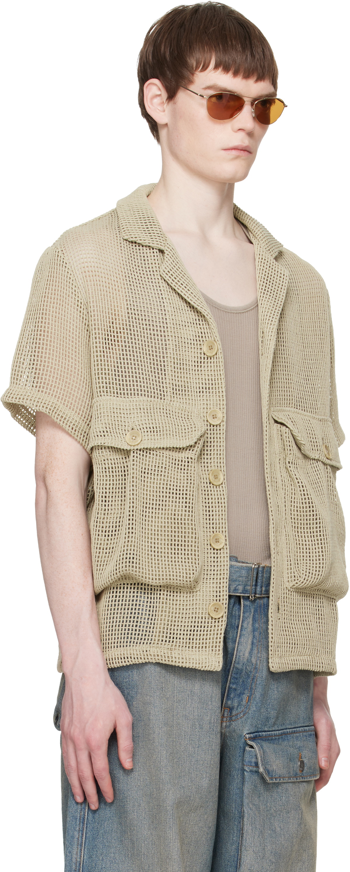 Reese Cooper Khaki Crochet Knit Short Sleeve Cargo Shirt