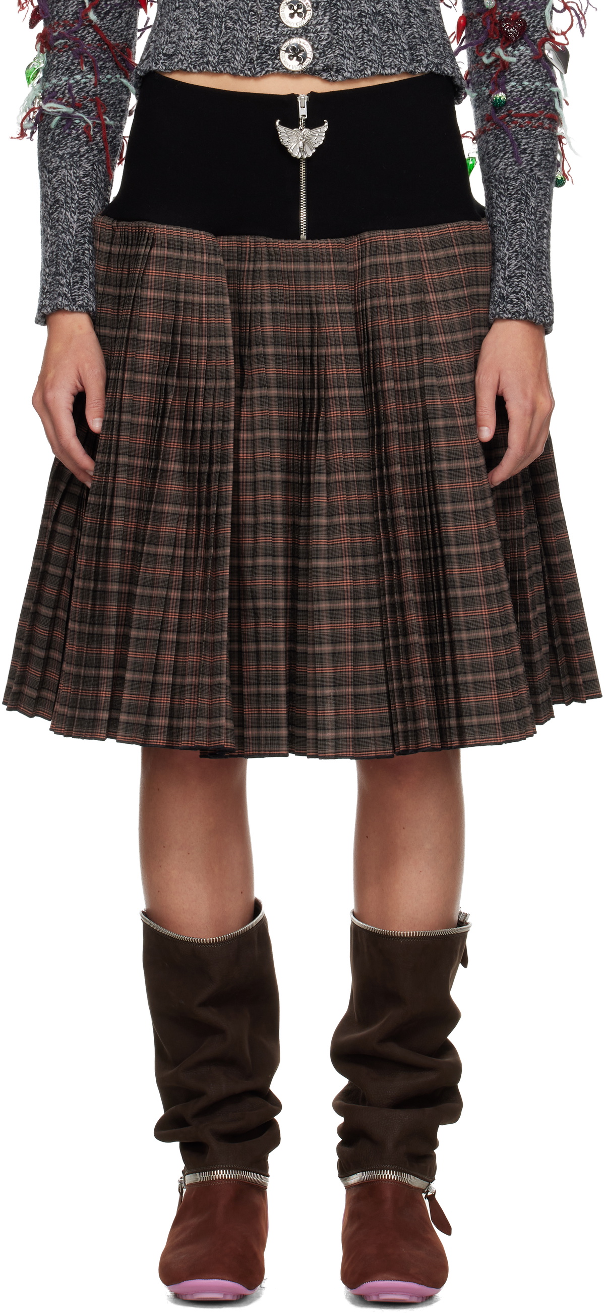 Chopova Lowena Brown Fret Black Knitted Pleated Knee Midi Skirt