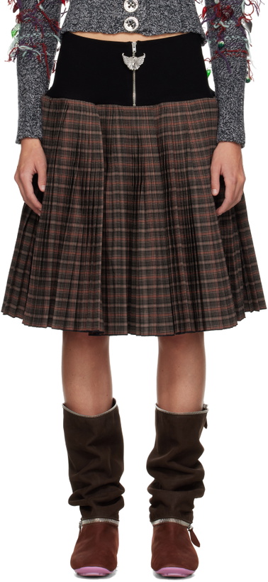 Photo: Chopova Lowena Brown Fret Black Knitted Pleated Knee Midi Skirt