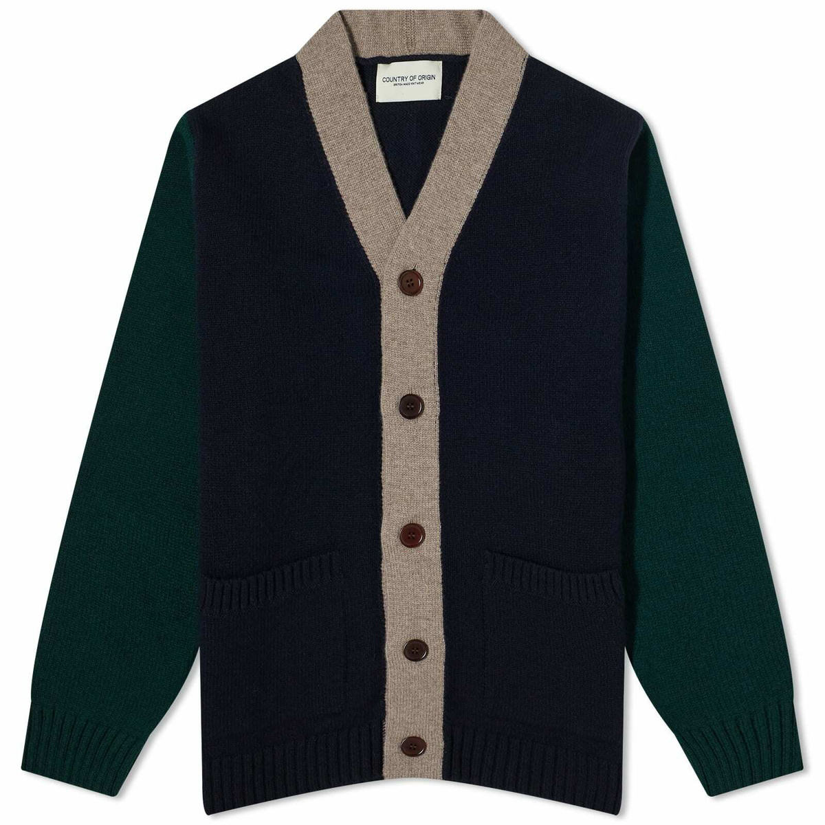 Country Of Origin Men s Contra Cardigan in Navy Tartan Mushroom Country Of Origin