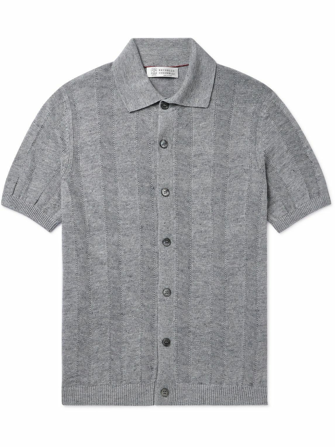 Striped Linen-cotton Blend Short Sleeve Shirt