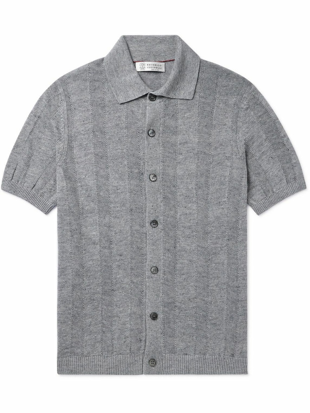 Photo: Brunello Cucinelli - Striped Linen and Cotton-Blend Shirt - Gray