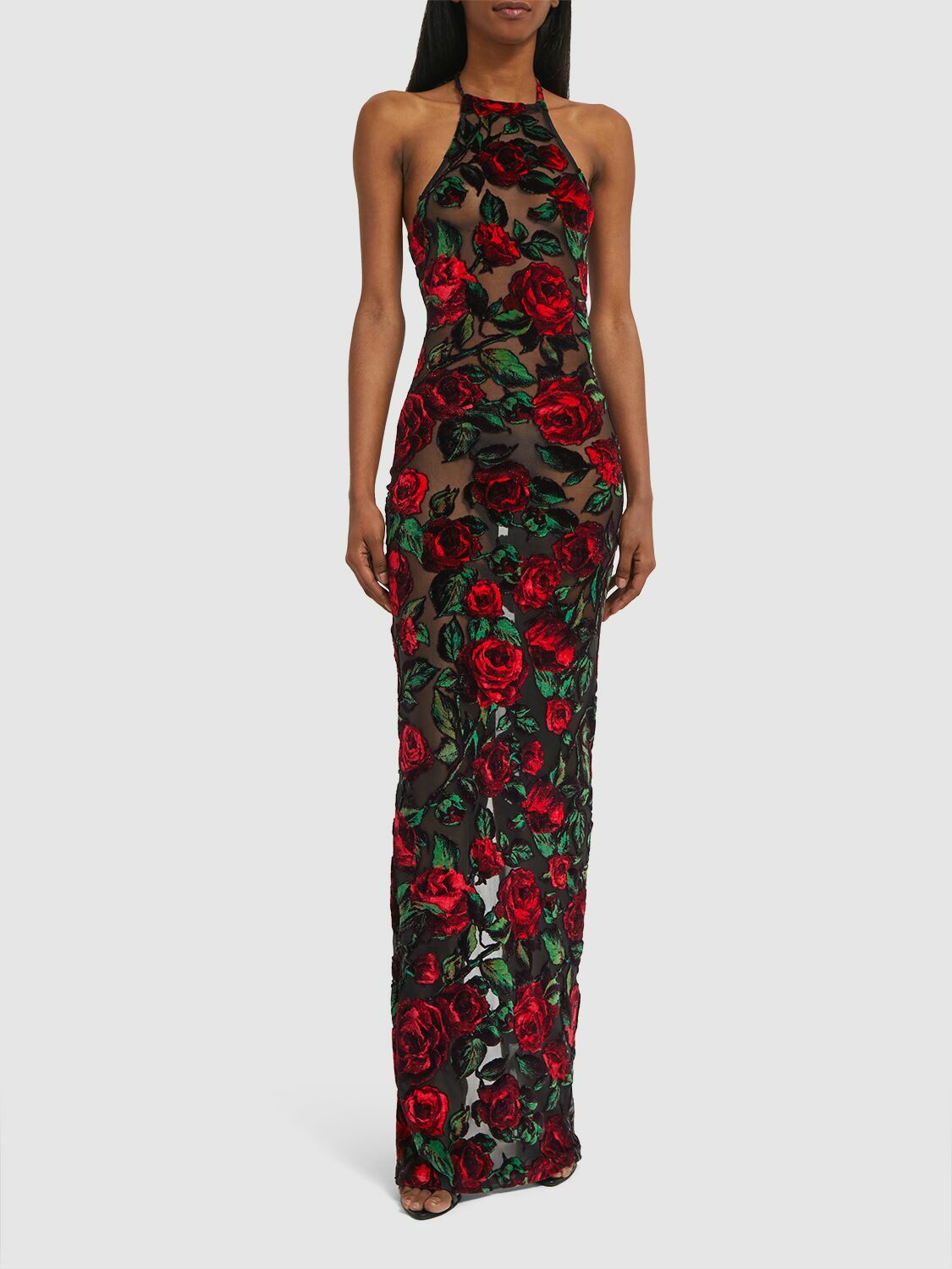BALMAIN - Rose Velvet Halter Neck Long Dress Balmain