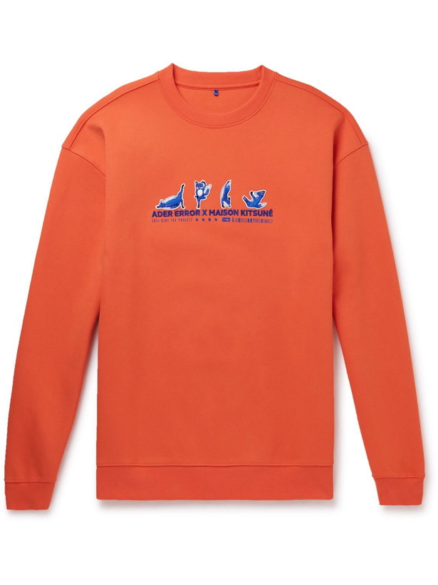 Photo: Maison Kitsuné - Ader Error Yoga Blue Fox Logo-Embroidered Cotton-Jersey Sweatshirt - Orange