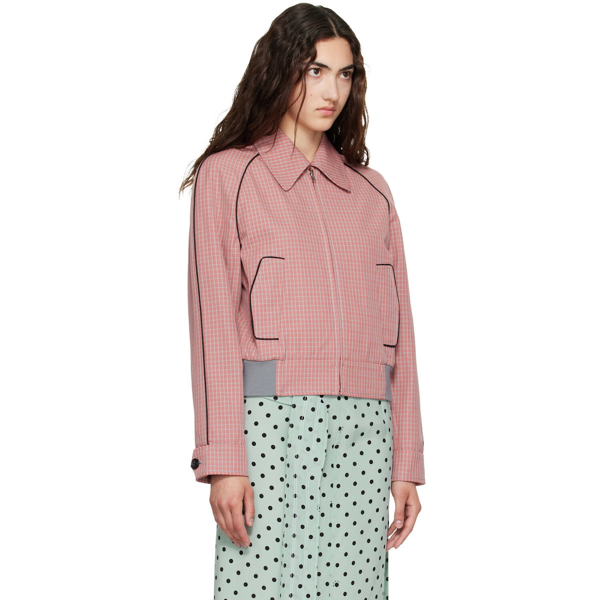 Marni Red Plaid Crop Bomber Jacket