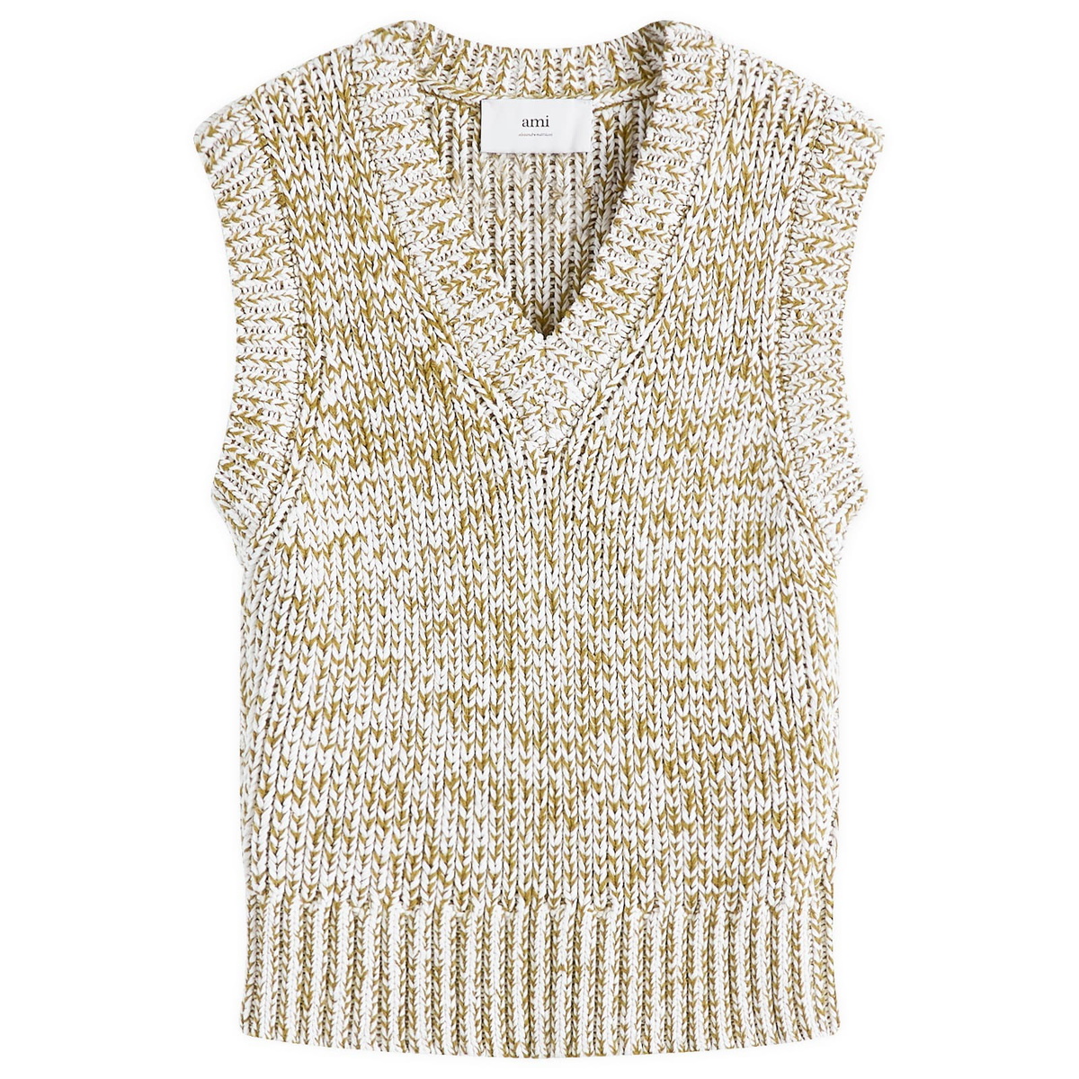 AMI Paris Men's Sleeveless V Neck Sweater in White Cream/Lichen