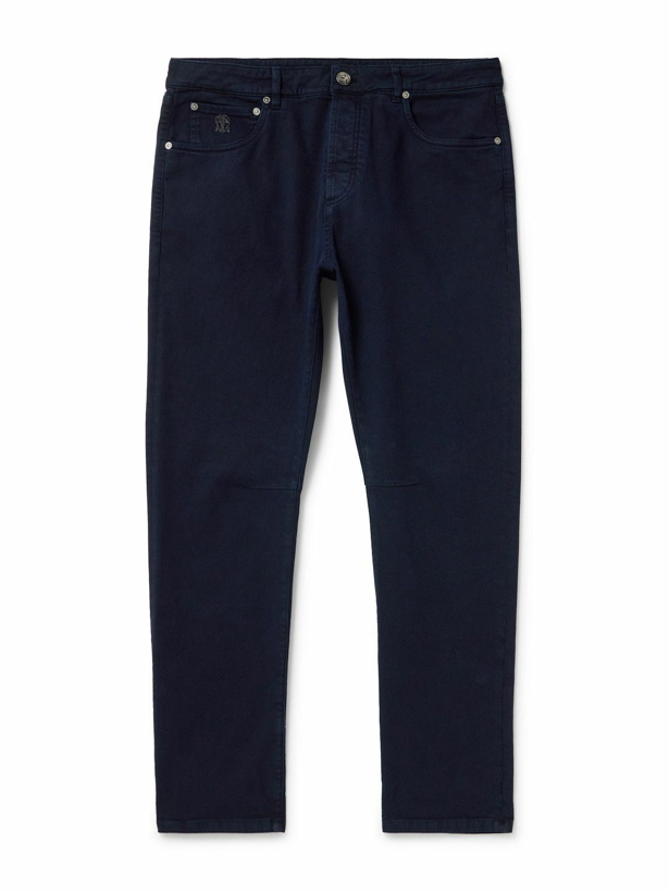 Photo: Brunello Cucinelli - Tapered Garment-Dyed Stretch-Cotton Trousers - Blue
