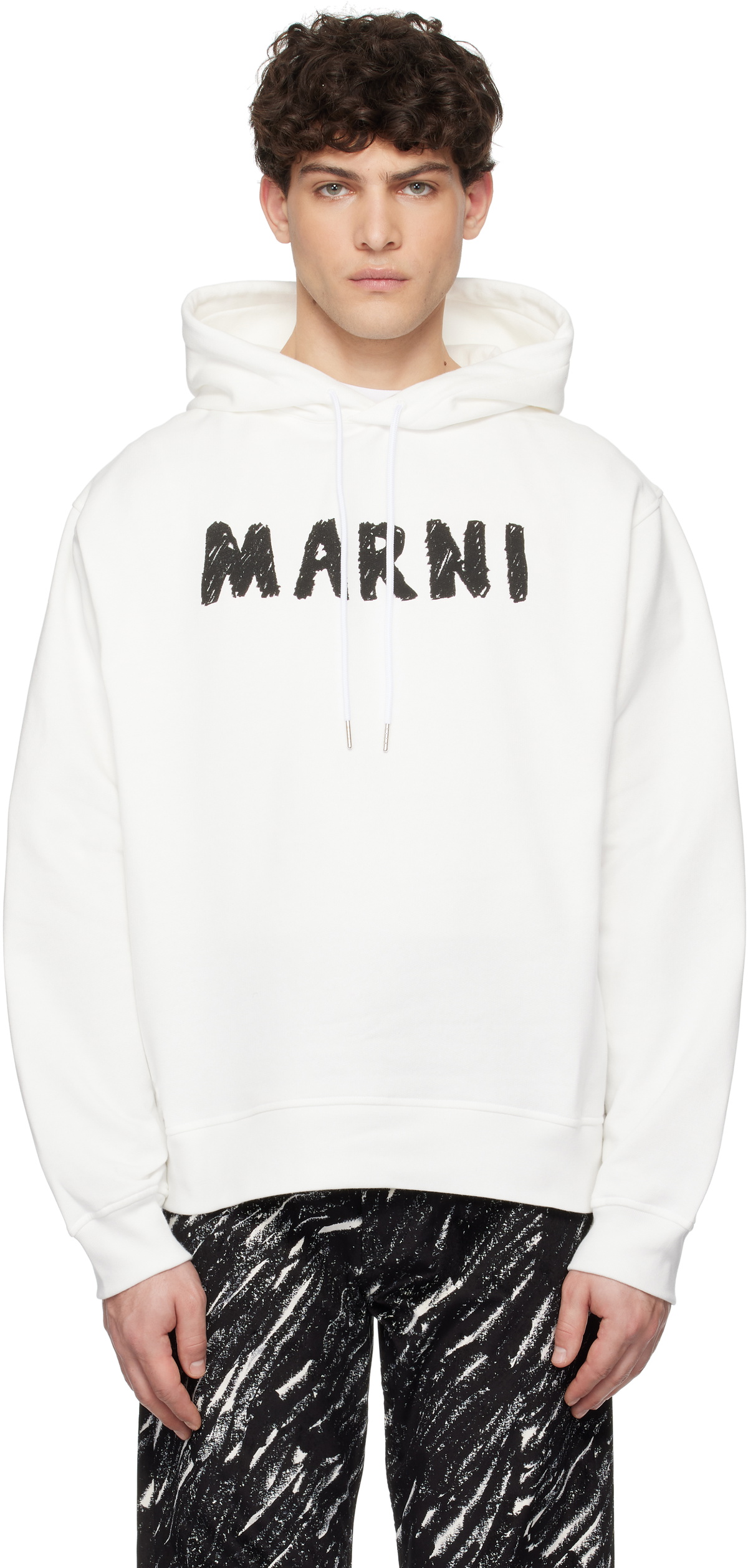Marni White Crayon Logo Print Organic Hoodie