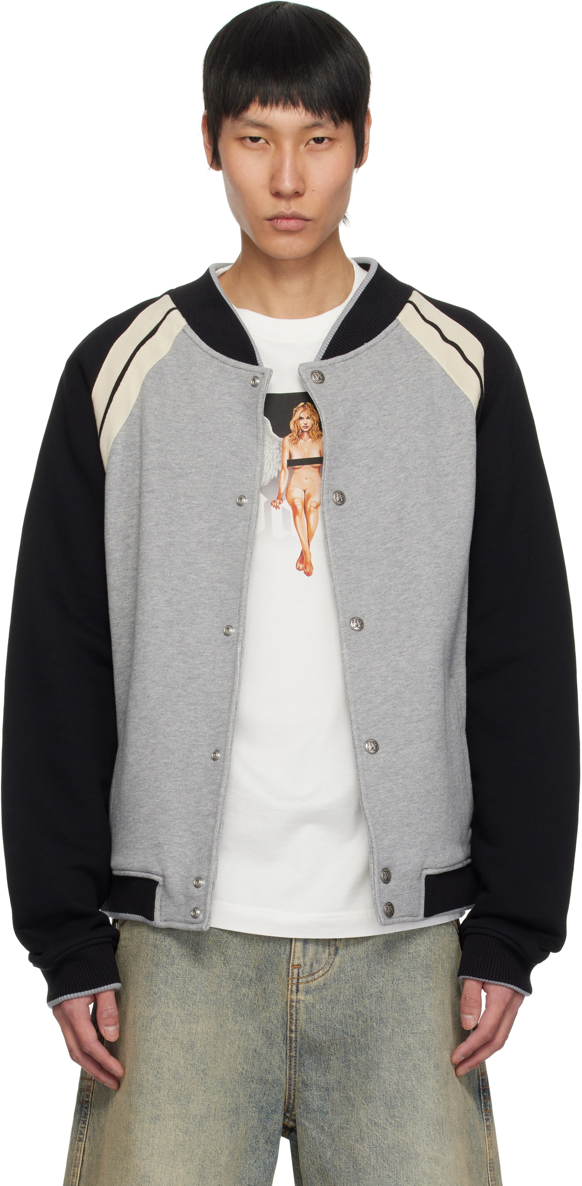 Palm Angels Gray Curved Logo Varsity Bomber Jacket