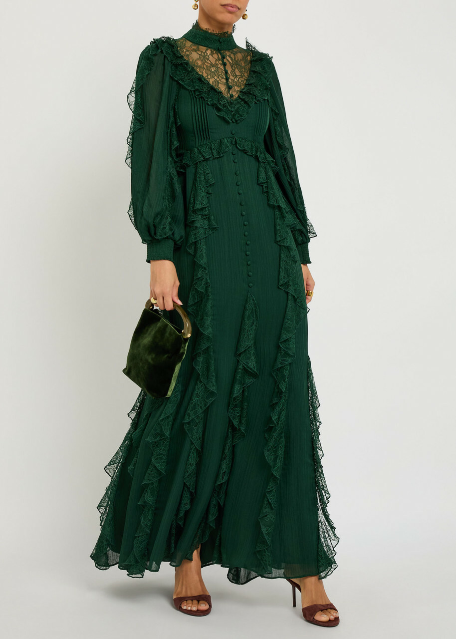 Alice + Olivia Elea Ruffled Chiffon Maxi Dress Green