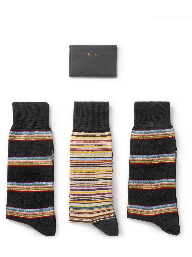 Photo: Paul Smith - Striped Leather Cardholder and Three-Pack Cotton-Blend Socks Gift Set
