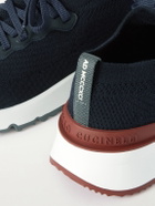 Brunello Cucinelli - Leather-Trimmed Stretch-Knit Sneakers - Blue
