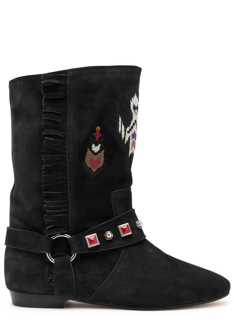 Isabel Marant étoile Siani Embroidered Suede Mid-calf Boots Dark Grey