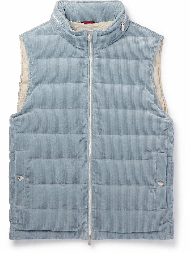 Photo: Brunello Cucinelli - Quilted Cotton-Blend Corduroy Hooded Down Gilet - Blue