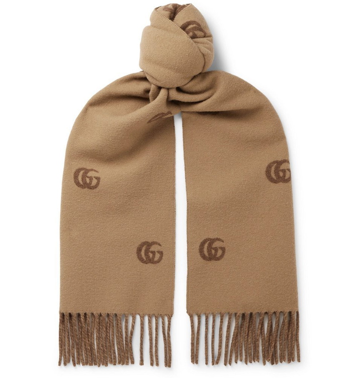 Photo: Gucci - Fringed Logo-Print Wool Scarf - Beige