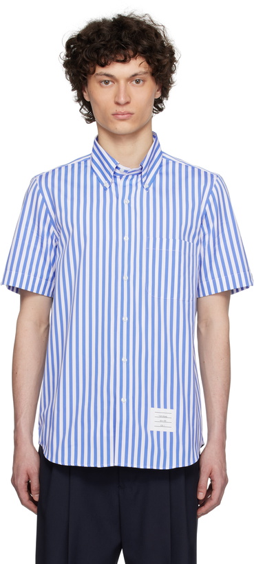 Photo: Thom Browne Navy & White Straight Fit Button Down Poplin Shirt