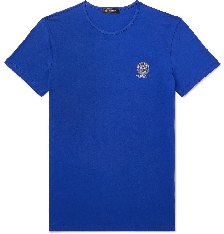 Photo: Versace - Slim-Fit Logo-Print Stretch-Cotton Jersey T-Shirt - Blue