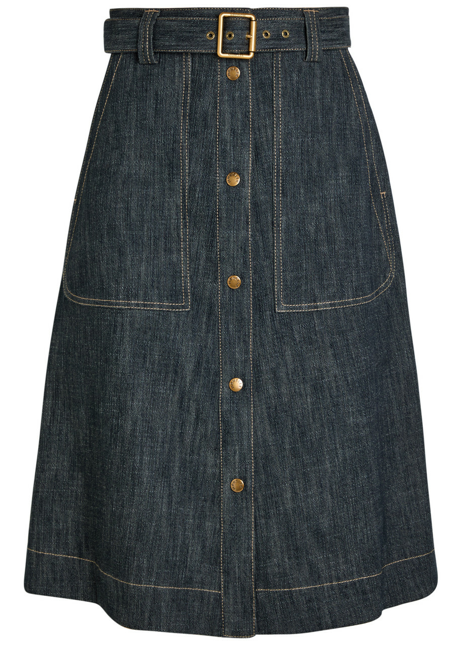 Moncler Belted Stretch-denim Midi Skirt