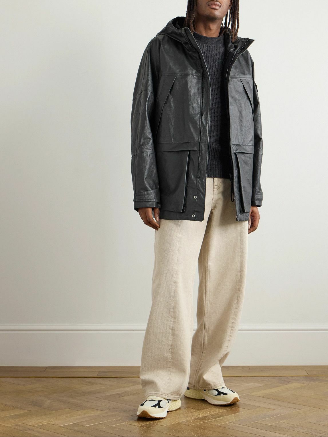 Stone Island - Logo-Appliquéd Paneled Textured Leather Hooded Jacket - Gray