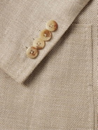 Rubinacci - Unstructured Double-Breasted Herringbone Virgin Wool, Silk and Linen-Blend Blazer - Neutrals