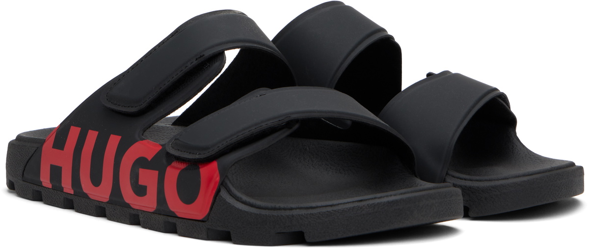 【関税込み】Hugo ブラック Logo Double Touch サンダル Hugo Black Double-Touch Closure Logo Sandals Hugo Boss