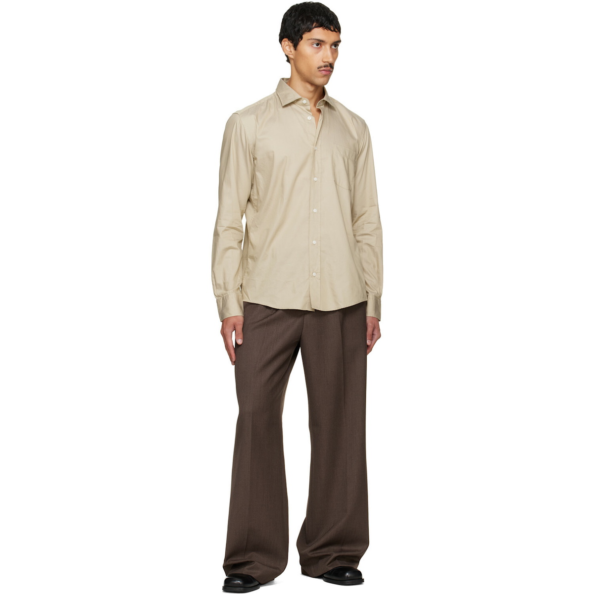 BOSS Beige Spread Collar Casual-Fit Cotton Shirt