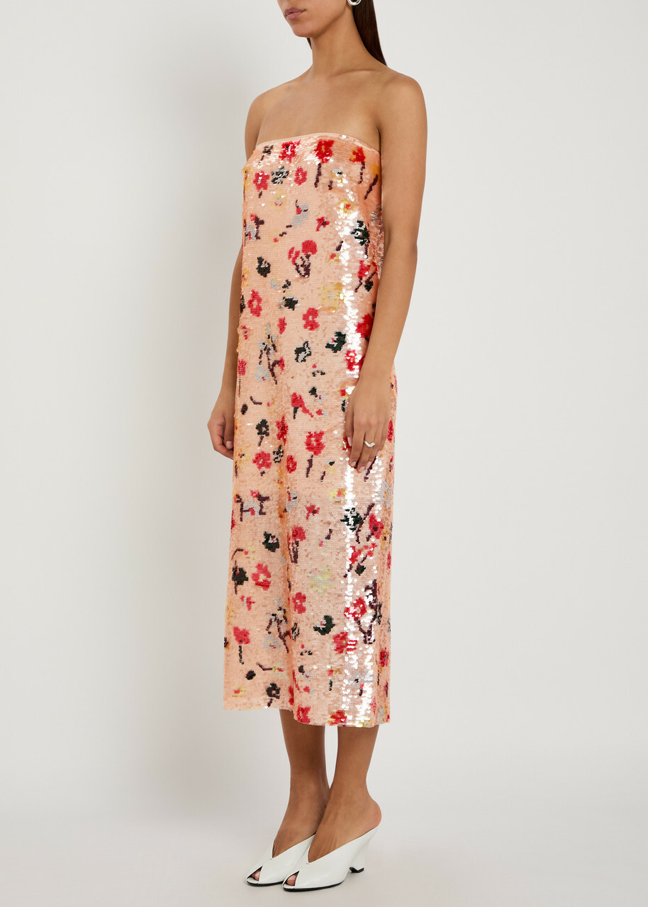Tory Burch Floral Strapless Sequin Midi Dress Pink