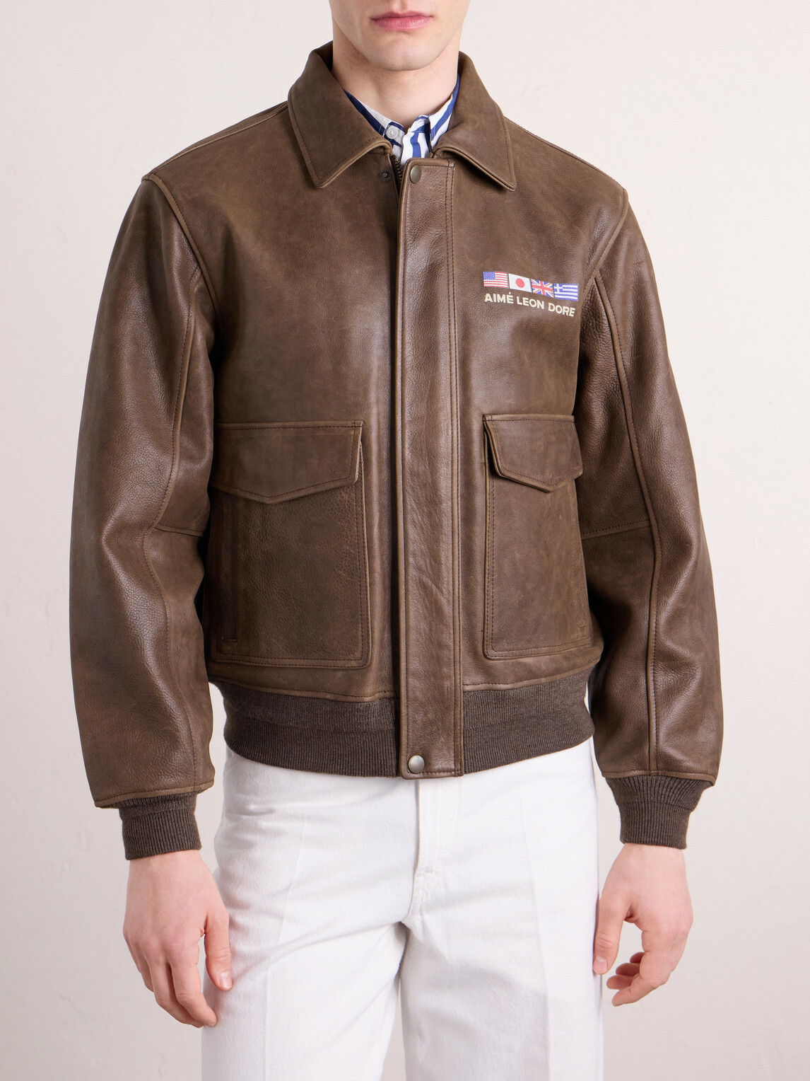 Aimé Leon Dore - World's Borough Logo-Print Leather Jacket - Brown