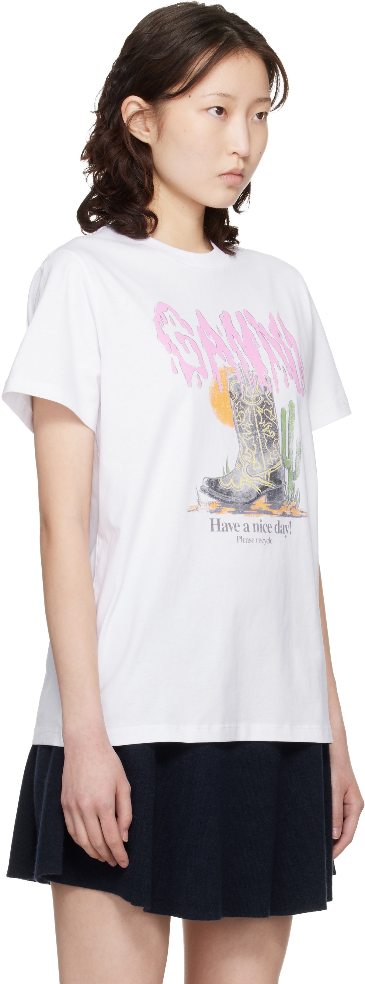 GANNI White Western Boot Print T-shirt