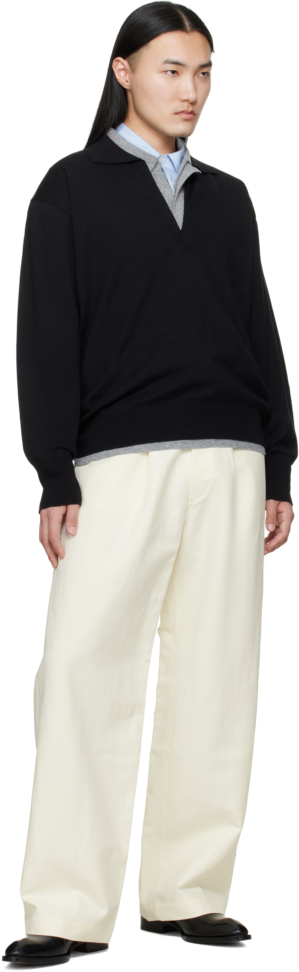 ssstein Black Organic Cotton Knit Skipper LS Polo