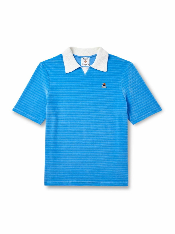 Photo: Casablanca - Logo-Appliquéd Bouclé-Trimmed Cotton-Blend Velour Polo Shirt - Blue
