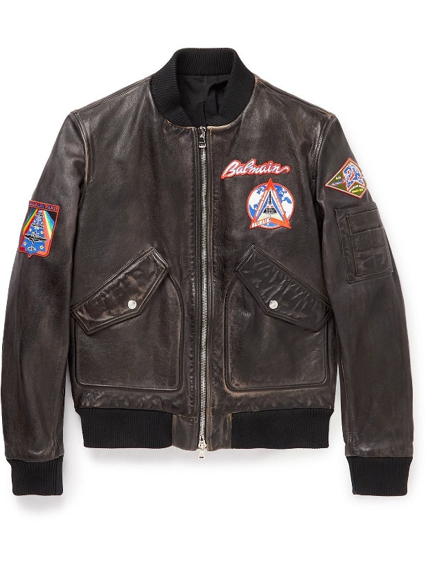 Photo: Balmain - Appliquéd Leather Bomber Jacket - Brown