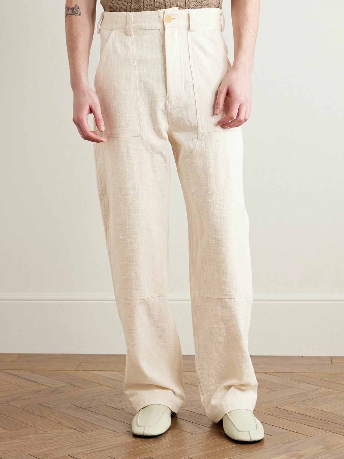 MILES LEON - Garden Straight-Leg Slub Cotton-Canvas Trousers - Neutrals