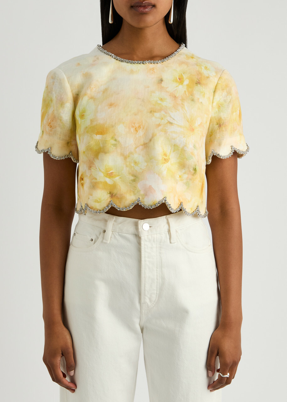 Tシャツ・カットソー ZIMMERMANN CRUSH PRINTED LINEN TOP Zimmermann Crush Floral-print Embellished Linen top Multi