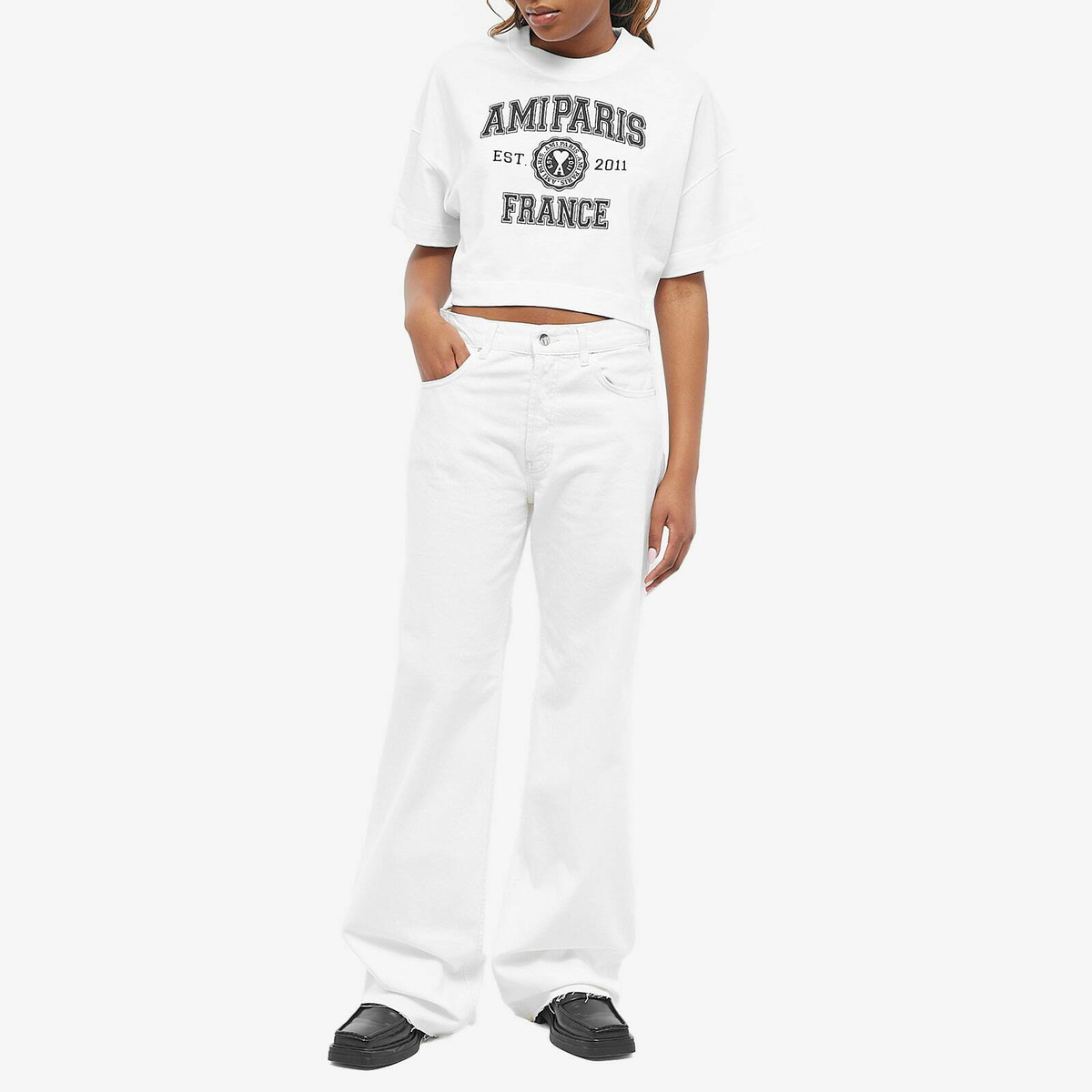 AMI Paris Women's Logo Cropped T-Shirt in Wool Tricotine White AMI