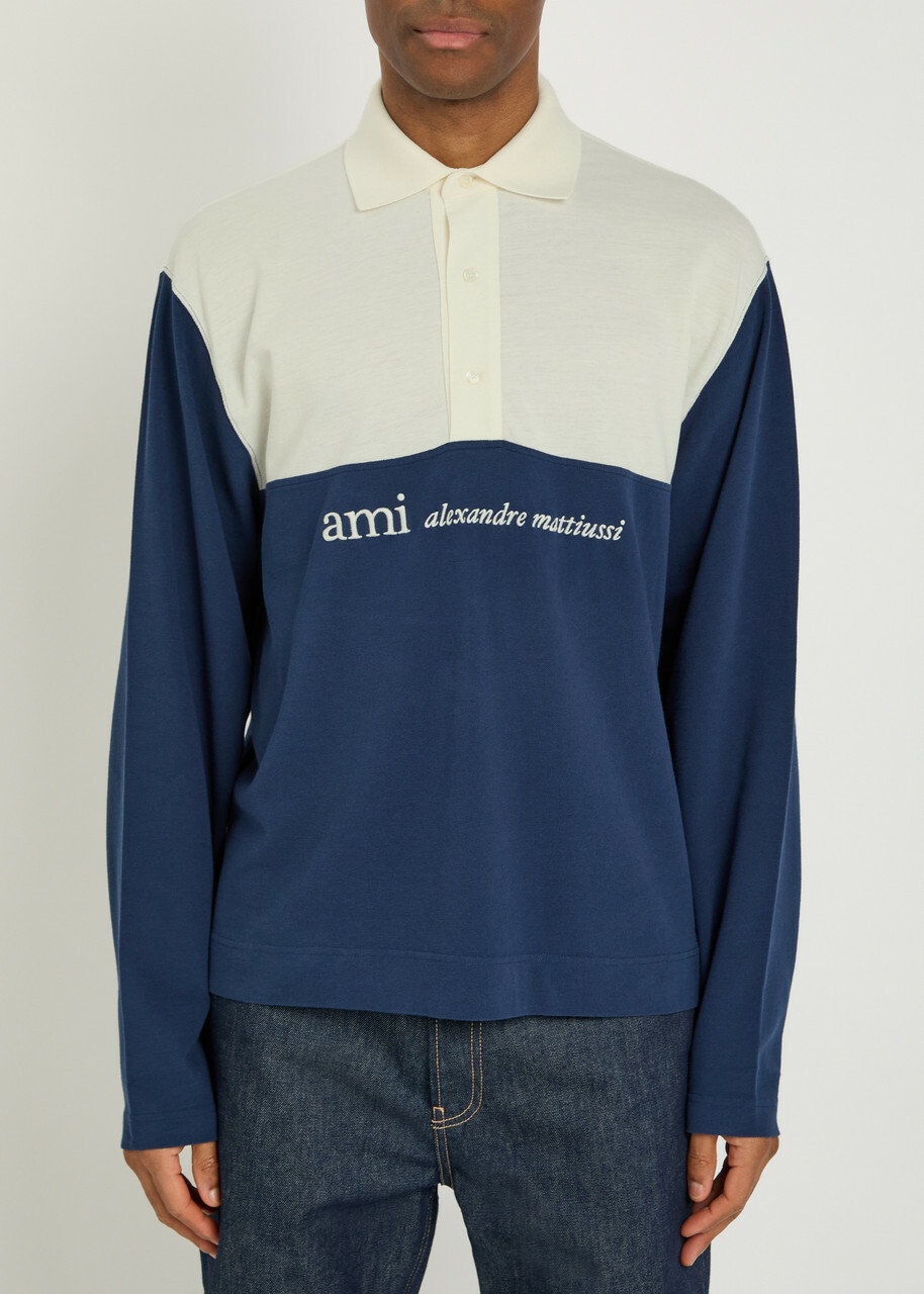 Ami Paris Logo-embroidered Panelled Piqué Cotton Polo Shirt Cream