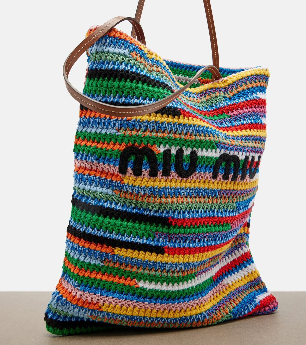 Miu Miu Leather-trimmed crochet cotton tote bag