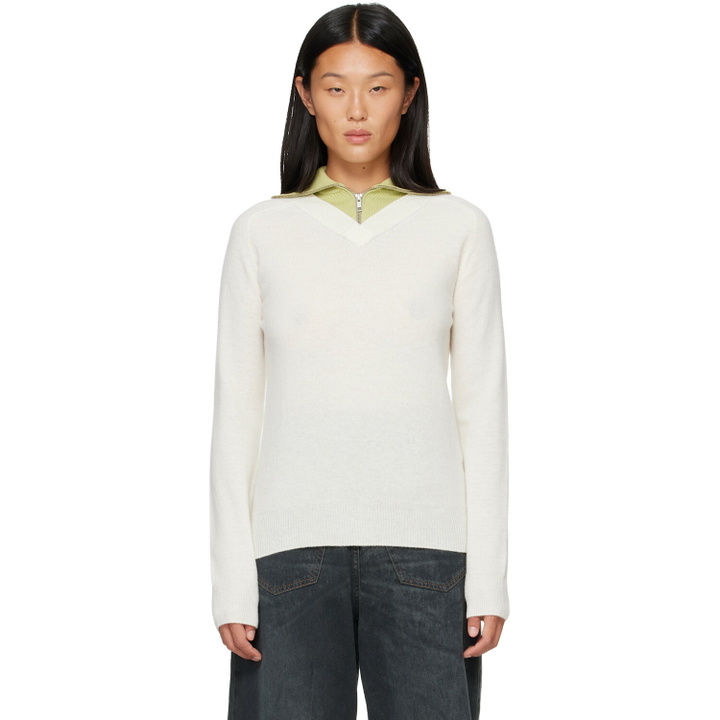 Photo: MM6 Maison Margiela Off-White & Green Layered Neckline Pullover Sweater