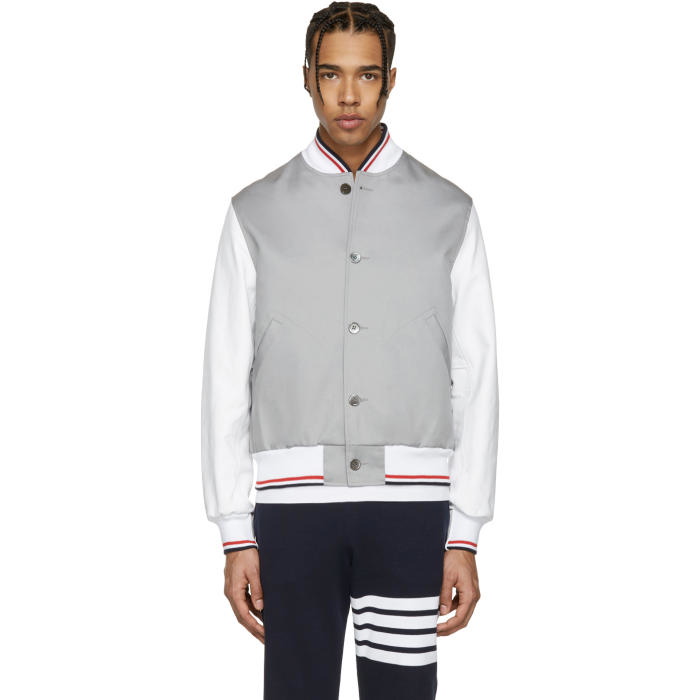 Photo: Thom Browne Grey Cotton and Leather Varsity Jacket