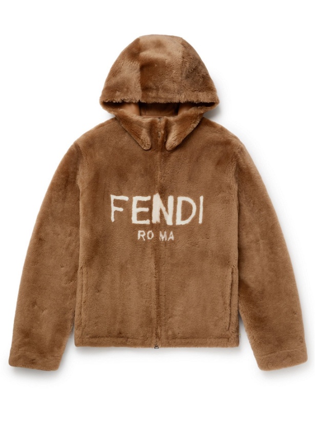 Photo: FENDI - Logo-Print Shearling Hooded Jacket - Brown