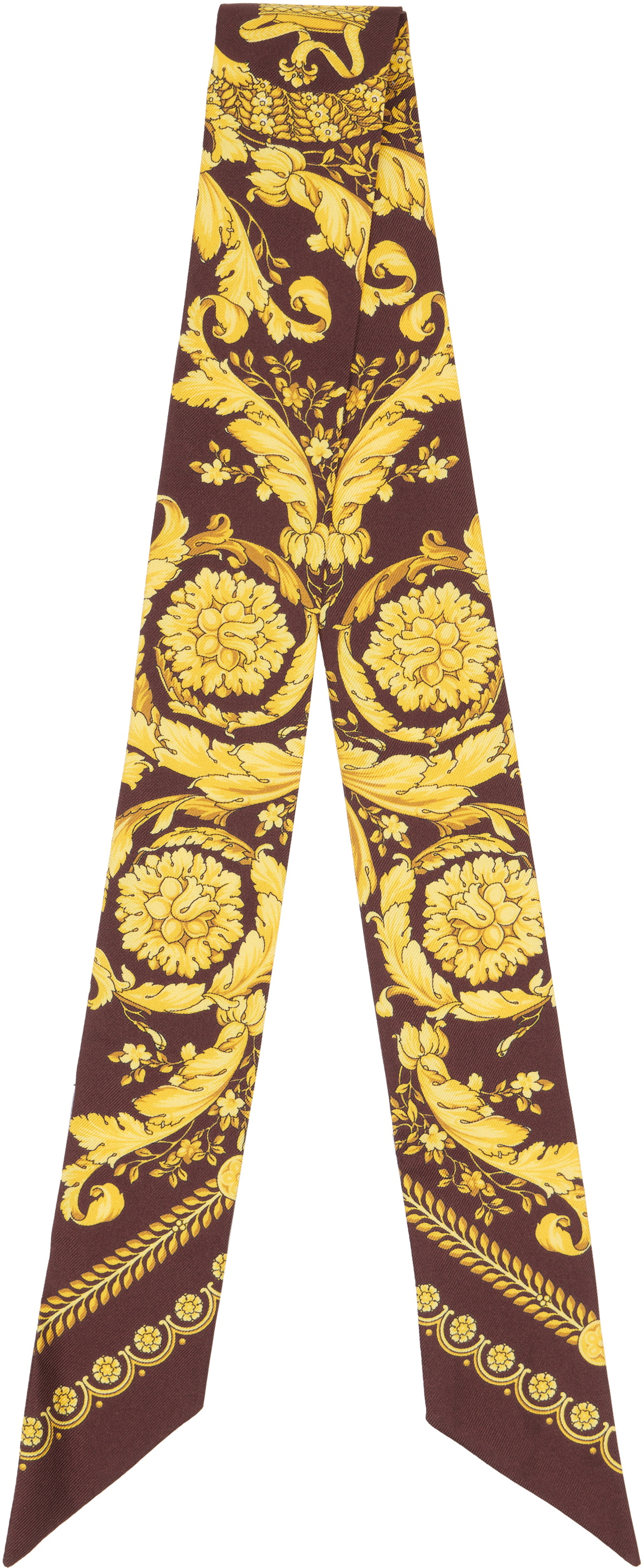 Versace Burgundy & Yellow Printed Silk Twill Ribbon Scarf