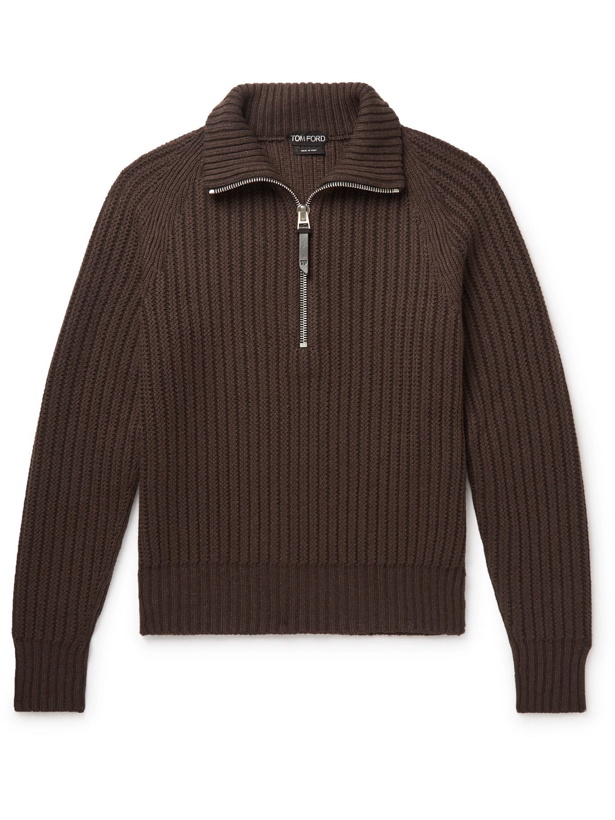 Photo: TOM FORD - Slim-Fit Ribbed Cashmere and Wool-Blend Half-Zip Sweater - Brown