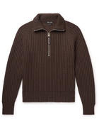 TOM FORD - Slim-Fit Ribbed Cashmere and Wool-Blend Half-Zip Sweater - Brown